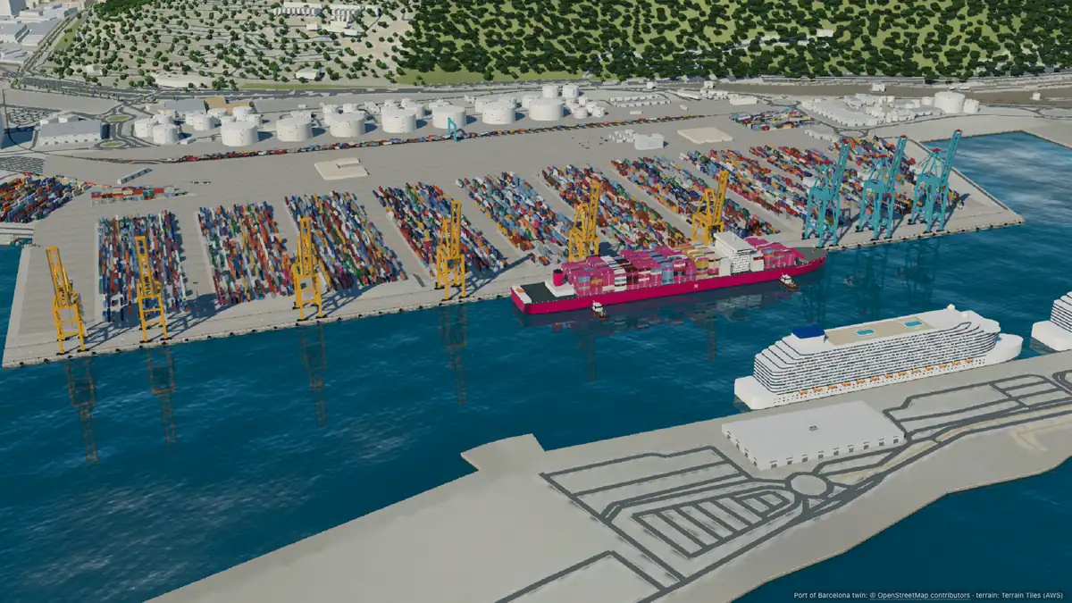 APM Terminals Barcelona: a magenta ONE container ship berthing with two tugs under the quay cranes, the straddle-carrier yard behind, a cruise ship at the next quay.