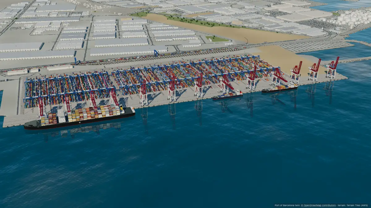 BEST terminal: red-and-white quay cranes working three ships along the quay, the automated stacking yard with blue gantry cranes behind.