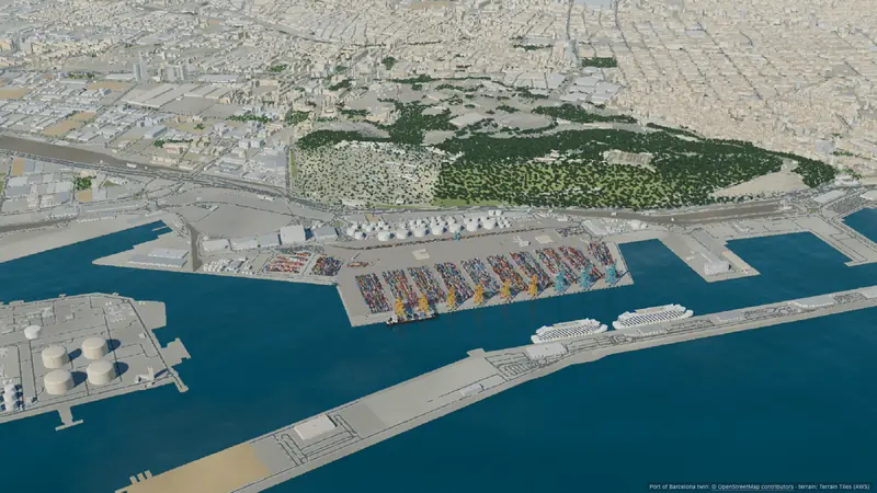 The whole simulated port: APM Terminals' quay and yard in the middle, cruise terminals, the tank farm, Montjuïc and the city of Barcelona behind.